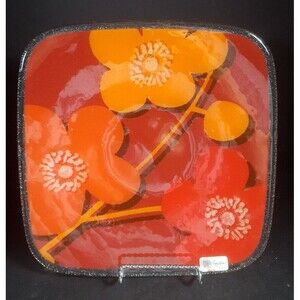 Peggy Karr fused glass plate groovy red orange flowers serving dish